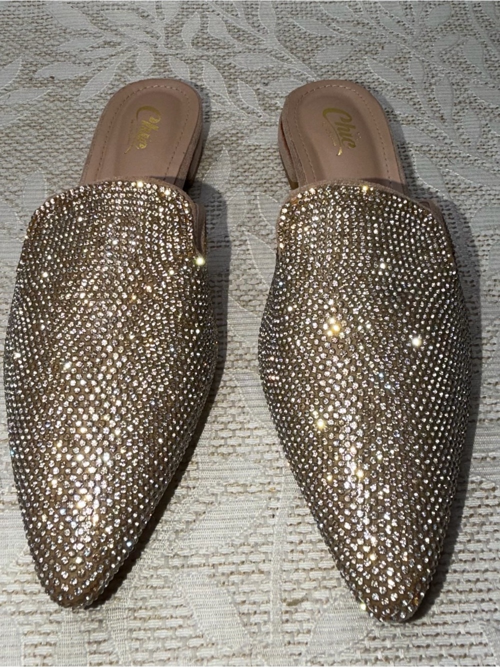 Chic by Lady Couture Crystal-Embellished Gold Slip-On Mules 36 / 5.5-6